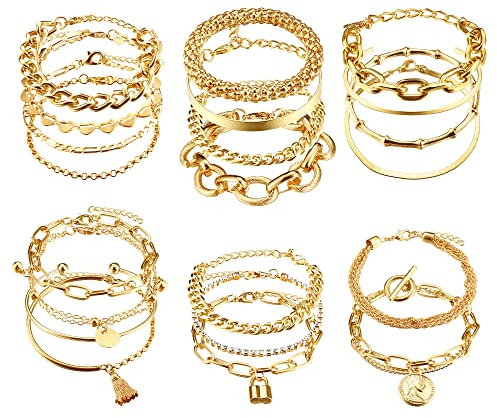 KALVICA 21Pcs Boho Layered Armbänder für Damen Frauen Kettenarmbänder Set mit Schloss-Anhänger Verstellbare Zirkonia Herz Kubanische Kette Armband Offene Manschette Armreif Stapelbares