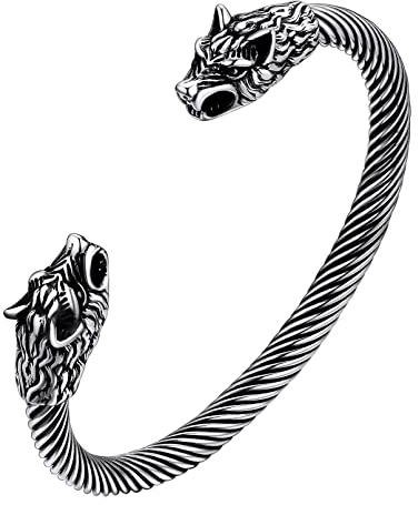 FaithHeart Wikinger Fenrir Wolfkopf Armreiff Edelstahl Kettenarmband Punk Wolfkopf Armbänder Verdrehtes Armband für Freunden Ehemann Vater