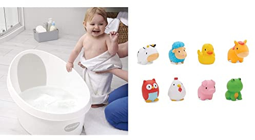 Shnuggle Toddler Bath - White with Light Grey Backrest & Munchkin Floating Farm Animal Themed Rubber Bath Squirt Toys for Baby, Pack of 8