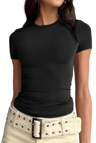 LACOZY Womens 2024 Round Neck Short Sleeve Shirt Skinny Dupes Tee Shirt Casual Y2K Workout Crop Top Black L