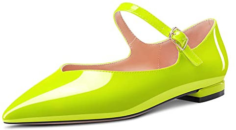 NobleOnly Mujer Bajos Heel Cerrado el Dedo del pie Puntiaguada Punta Mary Jane Pumps Cierre con Hebilla Oficina Fiesta Cute Zapatos 1 CM Heels Verde Lima Charol 45 EU