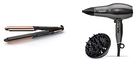 BaByliss Straight and Curl Brilliance Hair Straightener and Curler, Curved Metal Design & Platinum Diamond 2300W Professional AC Motor hairdryer, Ultra-Fast Drying, Ionic, Diffuser
