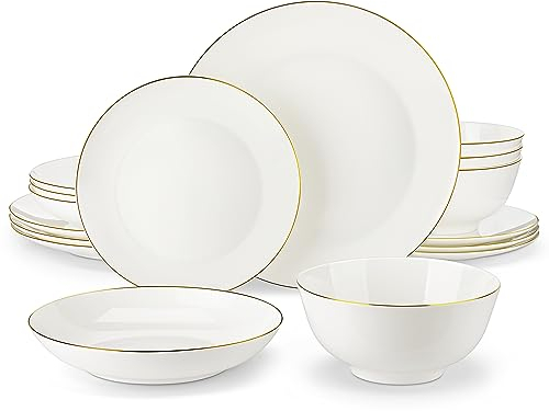 MALACASA Tafelservice für 4, 16-teiliges Bone China Geschirrset, Rundes weißes Kombiservice mit goldenem Rand, mit Speiseteller, Dessertteller, Suppenteller und Müslischale je 4, Serie NORI