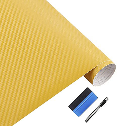 NewL - Rotolo di Pellicola Adesiva 3D in Vinile in Fibra di Carbonio con Sistema di fuoriuscita dell’Aria per Evitare la Formazione di Bolle, Colore Giallo, 30 x 152 cm