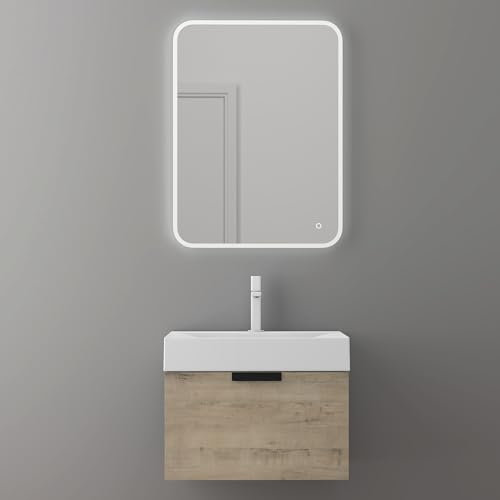 doporro Mueble de Baño Suspendido 60x35cm, Mueble de Baño con Lavabo Blanco y Espejo LED Serie Lonato, Roble Gris