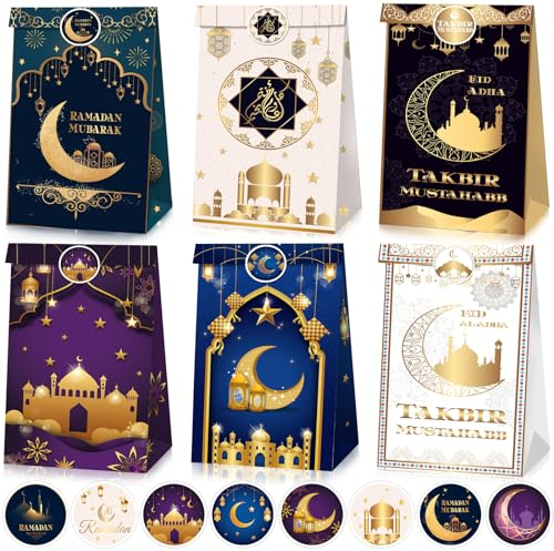 JUNEBRUSHS Ramadan Geschenktüten, 12 Stück Ramadan Tüten mit Aufklebern Eid Mubarak Geschenktüten Ramadan Papiertüten für Ramadan Deko Party Wiederverwendbar