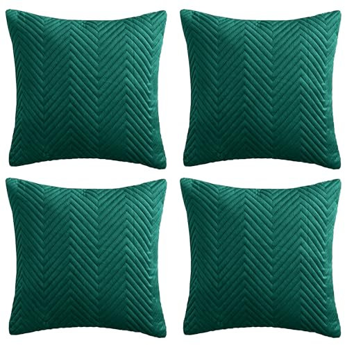 Hafaa Cushions with Covers Included 45 x 45 Cm Set of 8 (4 Emerald Cushion Covers, 4 Cushion Inserts) Ultrasonic Velvet Square Throw Pillow Case Decorative Sofa Cushion with Invisible Zipper