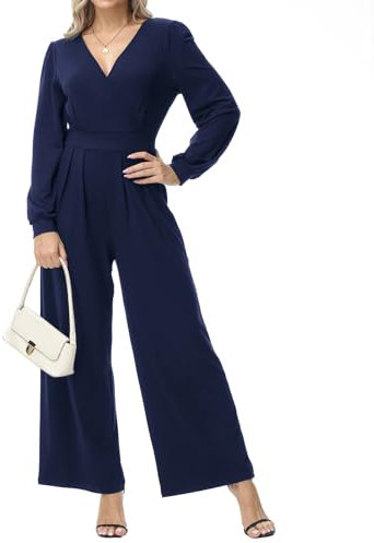 Tanmolo Damen Lang Jumpsuit Langarm V-Ausschnitt Overall Elegant Hosenanzug Weites Bein Romper Mit Taschen (Navy Blau, S)