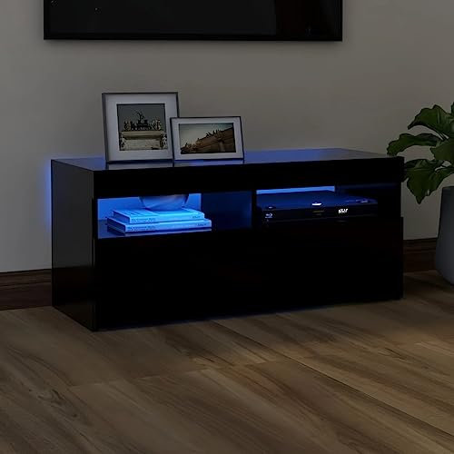 TJROO TV-Schrank mit LED-Lichtern, schwarz, 90 x 35 x 40 cm, mehrschichtiges Holz, TV-Möbel, TV-Schrank, Schrank mit LED, Schrank mit Türen, TV-Konsole
