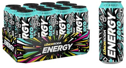 Lemonsoda Energy | Icy Breeze, Energy Drink Zero Zuccheri con Taurina, 12 Lattine da 50 cl, Note di Limone, Vitamine, Caffeina ed Estratto di Guaranà