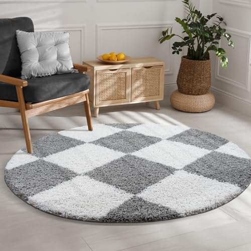 SANAT Milano Shaggy Teppich - Hochflor Teppiche für Wohnzimmer, Schlafzimmer, Küche - Hellgrau Weiss, Größe: 120 cm Rund
