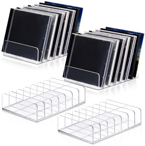 Threehoney 4 Pack Clear Acrylic CD Holder, DVD/CD Storage Box Record Display Rack Organizers Holds up to 14 Standard DVD Cases for Media Shelf Storage and Organization