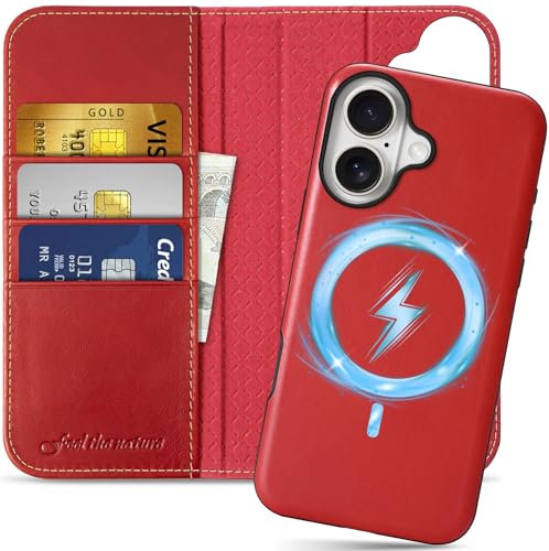 SHIELDON Case for iPhone 16 6.1, Genuine Leather Wallet Magnetic Wireless Charging [RFID Blocking][Card Slot][Kickstand] 2 in 1 Detachable Protective Folio Case Compatible with iPhone 16 - Retro Red
