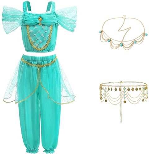 LCXYYY Jasmin Kostüm Mädchen Fasching Cosplay Arabisch Prinzessin Jasmin Bauchtanz Outfit Top und Hose mit Zubehör Anzug Halloween Weihnachten Karneval Festkleid für Kinder Geschenke 3-9 Jahre