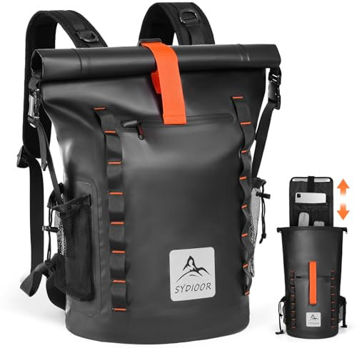 Sydioor Rolltop Rucksack Wasserdicht für Damen & Herren, 15,6-Zoll Geschützte Abnehmbare Laptop-Abteilung, Alltags- & Reise-Rucksack für Wandern, Reisen & Outdoor – Schwarz