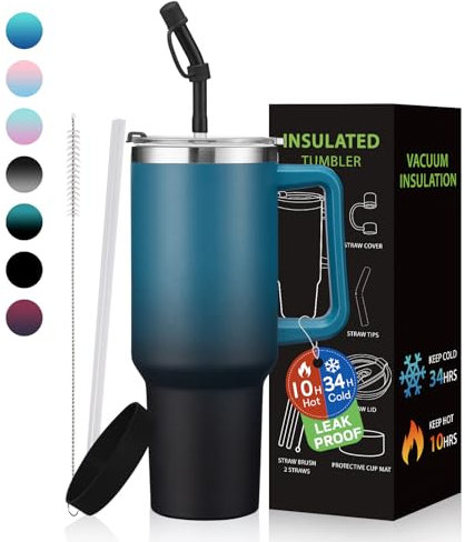 BENZZO Vasos aislados de 40 onzas, vaso a prueba de derrames con popote, taza térmica de acero inoxidable para agua que mantiene el frío 24 horas y el calor de 10 horas, termos de doble pared para