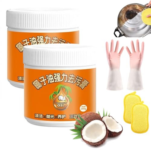 Multi-Purpose Coconut Oil Cleaning & Polishing Paste, Natural Stainless Steel Cookware Cleaner, Coconut Oil Cleaning Paste, Powerful Kitchen All-Purpose Cleaner for Oven,Pot&Stove (260G-2PCSC)