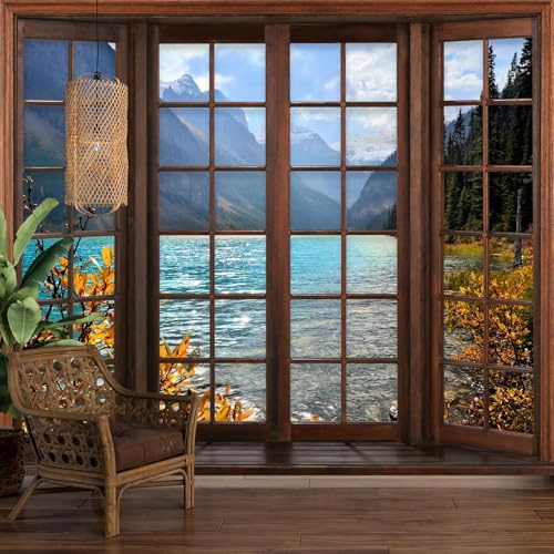 Lumalea - Papier peint panoramique Trompe l'oeil Fenêtre en bois Lac Montagnes - Largeur 130 cm x Hauteur 104 cm