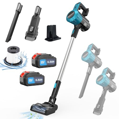 Psogpone Akku Staubsauger Upright Handheld Stick Lightweight 3 in 1 Staubsauger 550W 30kpa mit 18V 5.5ah Akku*2 Ideal für Teppiche und Hartböden mit Tierhaaren
