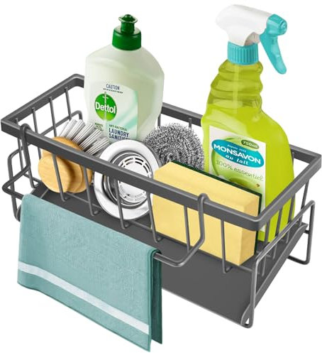 TOKPLNU Kitchen Sink Caddy Grey with Self Drain Tray & Dishcloth Hanger,Metal Sponge Holder for Kitchen Tidy Sink Organiser, Washing Up Caddy Sinkware Organiser for Bathroom