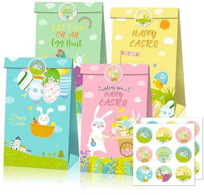 12 Stück Geschenktüten Ostern, Ostereier Hasen Papiertüten, Ostern Süss üßigkeiten Tüten, DIY Ostergeschenk Verpackung Candy Tüten, mit 18 Osterstickern für Geschenkverpackungen Ostern Party