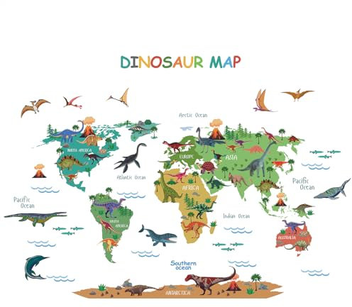 ANHUIB Groß Dinosaurier Weltkarte Wandtattoo Dino Wandsticker Dinosaurier Wandaufkleber für Junge Jungenzimmer Wandsticker Weltkarte Kinder Kinderzimmer Schlafzimmer Wanddeko Babyzimmer Wohnzimmer