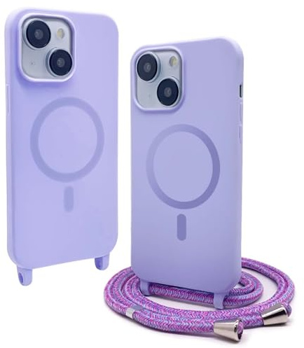 BGHHEU Magnética Funda con Cuerda para iPhone 14 Plus [Compatible con Magsafe],Ajustable Collar Correa de Cuello CordónCarcasa de Silicona,Carcasa Protectora Silicona AntiChoque,Morado