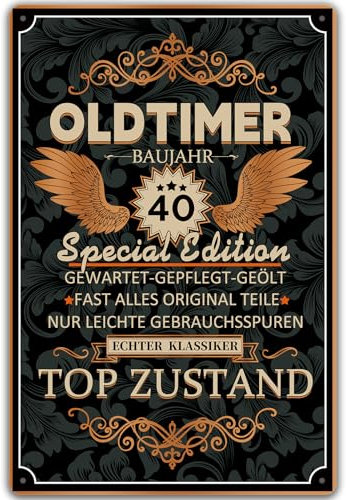 Blechschild 40 Schild Geburtstag, Oldtimer BAUJAHR 40 Topzustand, Geschenke für den 40 Geburtstag Mann, lustiges Schild 40 Geburtstag Deko als lustige Geburtstagskarte, Vintage Metallschild 20x30 cm