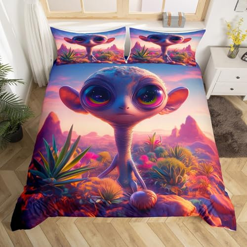 Homewish Raum Bettbezug Cartoon Alien Bettwäsche Set 135x200,Outer Space Theme UFO Tröster Abdeckung für Kinder Jungen Mädchen,Supernatural Kreatur Alien Pflanze Bett Set
