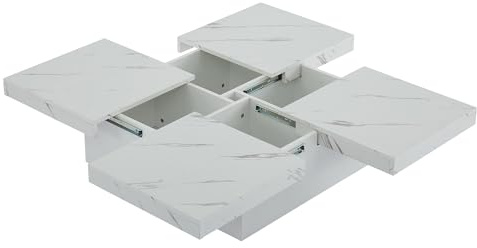 Azkoeesy Moderner Couchtisch 90 x 90 x 25 cm, Marmoroptik, Schiebbarer Tischplatte und 4 Schubalden, Quadratischer Kaffeetisch Wohnzimmertisch (Weiß)