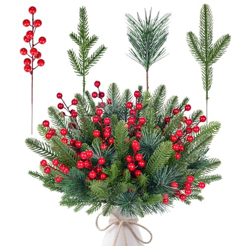 ZOCOYUU 60 Stück künstliche Weihnachts-Kiefernzweige mit roten Beerendolden, 11-26 cm künstliche Norfolk-Kiefernzweige, künstliche Nadelzweige für DIY-Bastelkränze, Girlanden und Wohndekoration