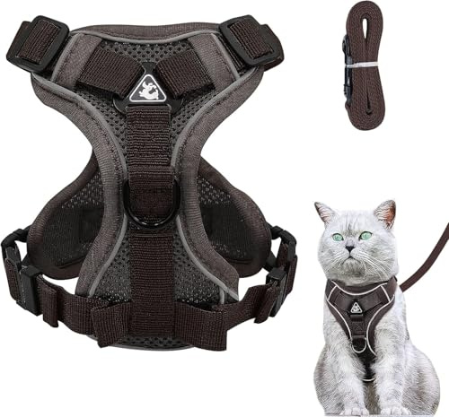 Verstellbares Katzengeschirr Ausbruchsicher, Katzengeschirr mit Leine Set, Softgeschirr für Katze Brustgeschirr für Katzen Kitten Hunde Welpen (Brown, M)