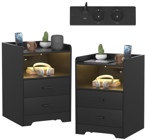 Peviasot Nachttische 2er Set mit LED-Lichtern, Ladestation(2 AC-Steckdosen, 2 USB-Anschlüsse) 2 Schubladen und 1 offenes Fach Beistelltisch für Wohnzimmer Schlafzimmer Schwarz
