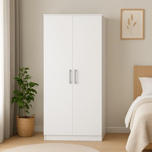 Home Treats 2 Door Wardrobe White Wooden Closet with 1 Shelf & Hanging Rail Bedroom Furniture Set Silver Handles