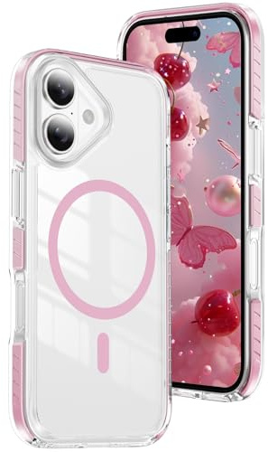 IMEIKONST Transparent Magnetic Case for iPhone 16 Plus Cover Pink CHTM | Compatible with Magsafe, Slim Fit, Shockproof Phone Cover, Anti-Scratch Clear Back, Non Yellowing, Silicone TPU Bumper