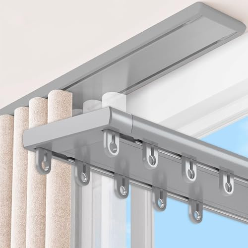 Vorhangschiene Ultradünn 2 Läufig, Zweireihige Aluminium Vorhangschiene Deckenmontage Gardinen für Schienensystem, Deckenschiene Raumteiler(Gray,370cm(12.1ft))