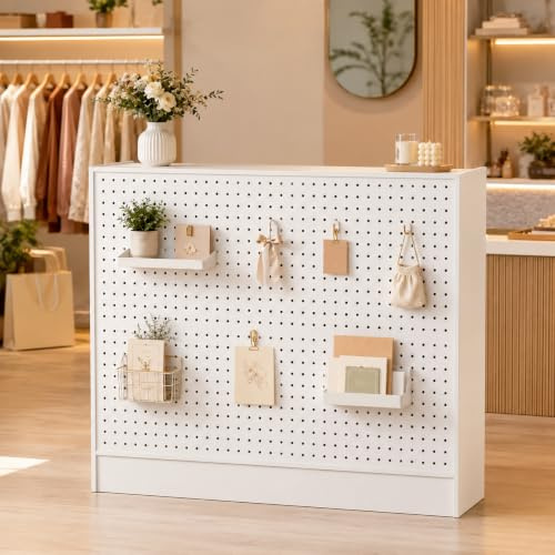 PREMTURE Empfangstheke Weiß 120 x 50 x 110 cm mit Lochwand und Stauraum | 40 kg belastbare Arbeitsfläche zwei abschließbare Schubladen Unterschrank flexible Zubehörorganisation offene Ablagefläche