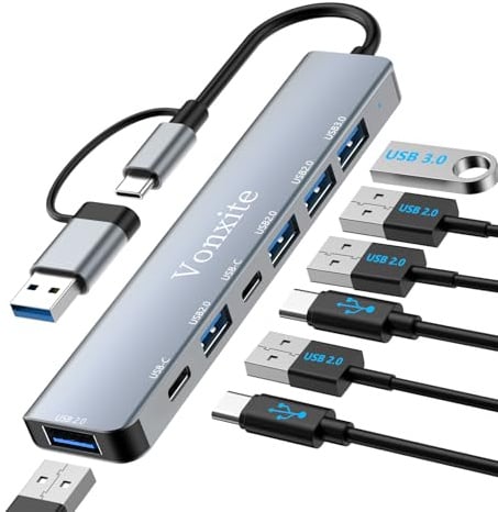 USB Hub 3.0, 7 in 1 USB C Hub Multiport Adapter mit 1*USB 3.0, 4*USB 2.0, 2*USB-C, 5 Gbit/s Hochgeschwindigkeit, USB C Splitter aus Aluminium für MacBook/Surface/XPS/PC/PS5/PS4/Laptops/Tablet etc.