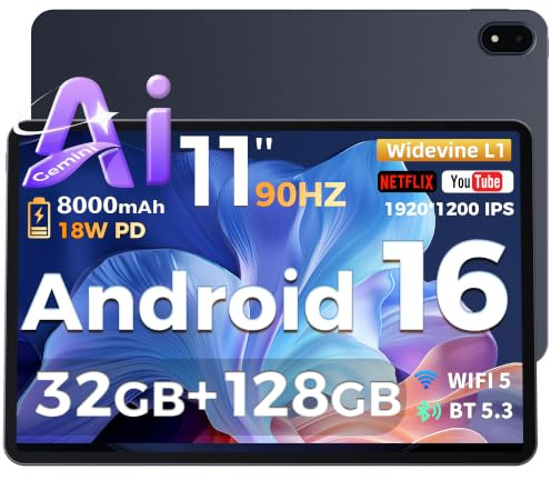 RebotAi 2026 Tablette 11 Pouces Android 16 avec Gemini AI, 32Go RAM + 128Go ROM + 1To TF, 10000mAh Tablette Octa-Core 1920 * 1200 IPS, Widevine L1/Reconnaissance Faciale Tablette Tactile