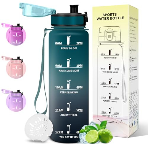 Motswedi Borraccia 1 Litro, a Prova di Perdite, Bottiglia Motivazionale con Scala di Idratazione, Borraccia Sportiva, senza Cannuccia, Bottiglia acqua per Ufficio, Sport, Palestra, Verde scuro&Grigio