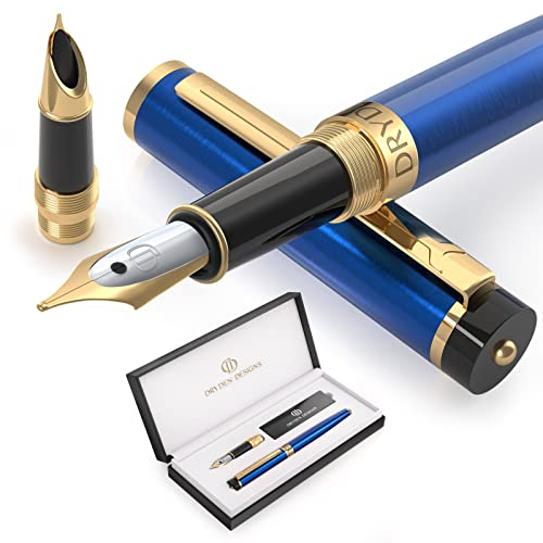 Dryden Designs Fountain Pen - Medium Nib & Fine Nib | Includes Luxury Box, 6 Ink Cartridges - 3 Black 3 Blue and Ink Refill Converter - Mysterious Blue