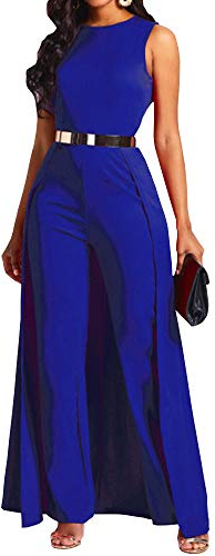 VERWIN Patchwork Overlay Embellished Plain Women's Jumpsuit High-Waist Woman Romper (Medium, Blue)