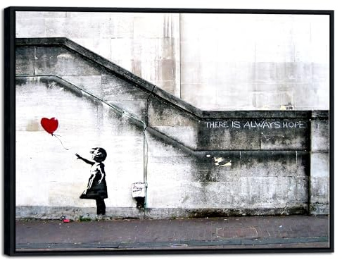 Wieco Art Black Framed Canvas Prints Wall Art of Banksy Grafitti Girl with Red Balloon Grey Love Pictures Paintings for Living Room Bedroom Home Decorations