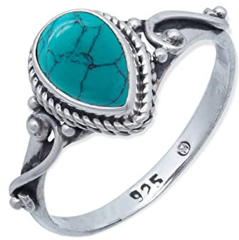 mantraroma Damen Ring Silber mit Stein Türkis Edelstein türkis ausgefallen verspielt