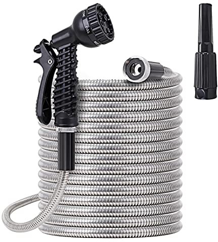 FOXEASE Metal Water Hose 100 ft - Stainless Steel Water Hose with 2 Nozzles, Lightweight, Tangle Free & Kink Free, Heavy Duty, High Pressure, Flexible, Dog Proof