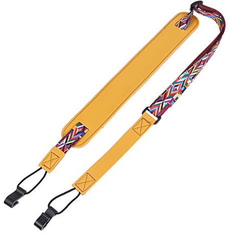 EXCEART Verstellbarer Ukulelengurt Aus Pu-Leder Mit Doppel-J-Haken, Ohne Bohren, Gelbes Ethnisches Design FüR Erwachsene Und Kinder
