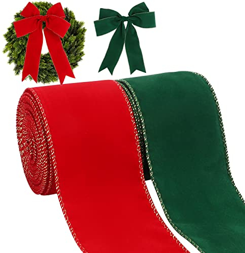 Kingovalley 2 Rolls Christmas Wired Ribbon, 2.5 inch x 10 Yards Red Green Velvet Xmas Ribbon with Gold Edge Vintage Christmas Ribbon for Christmas DIY Craft Home Garland Bow Door Wreath Decorations