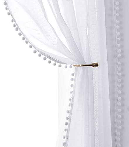Treatmentex Boho Gardinen mit Pompons Gardinen Ösen 140 cm Breite Transparent Gardinen mit Quasten Gardinen Voile Ösenschal Dekoschal für Wohnzimmer Schlafzimmer,2 Stücke(140 x 225 cm,Weiß)