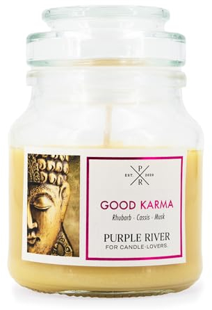 Purple River kleine Duftkerze im Glas mit Deckel | Good Karma | Duftkerze Cassis | Sojawachskerze | Raumduft für Zuhause | Geschenke für Frauen