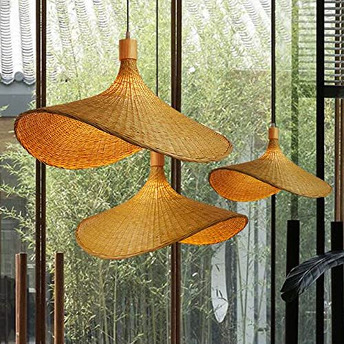 Lfoute Retro Bambus Pendelleuchte Natürlicher Hängelampe E27 Kronleuchter Handgewebter Rattan Lampenschirm Hut Pendellampe Für Restaurant Esszimmer Wohnzimmer Schlafzimmer Korridor Deko Leuchte,40cm